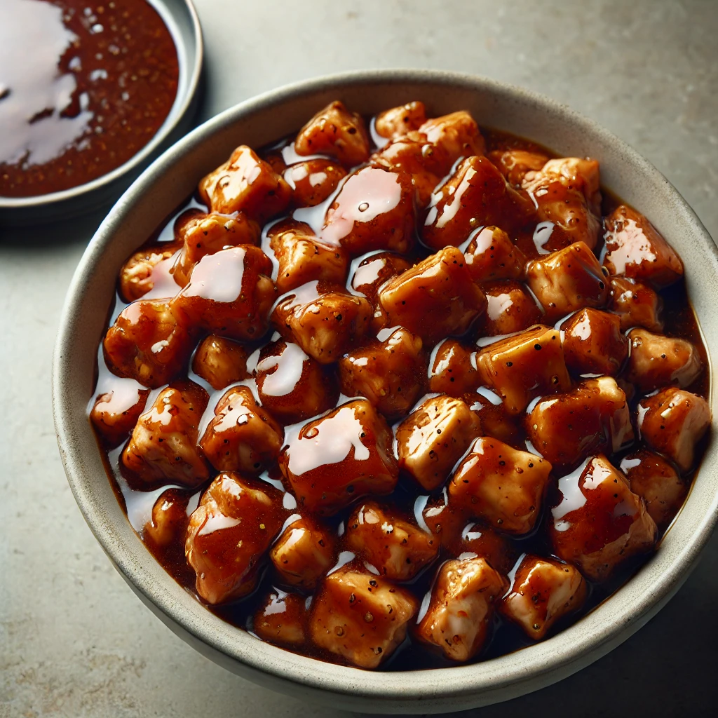 Diced chicken pieces marinating in a bowl with soy sauce, oyster sauce, and sesame oil.
