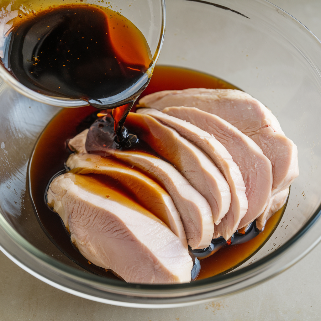 Marinated thin cut chicken breasts on a cutting board
