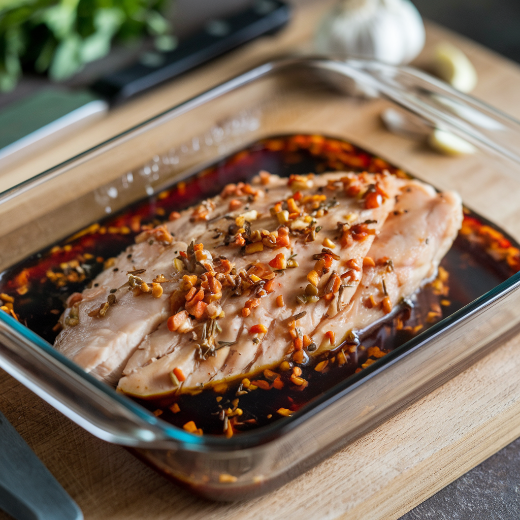 Marinating thin cut chicken breast with fresh ingredients
