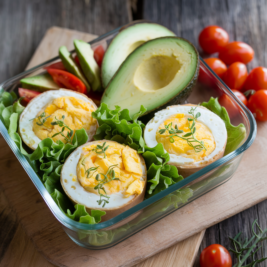 High-protein egg muffins with veggies and avocado in a meal prep container.
