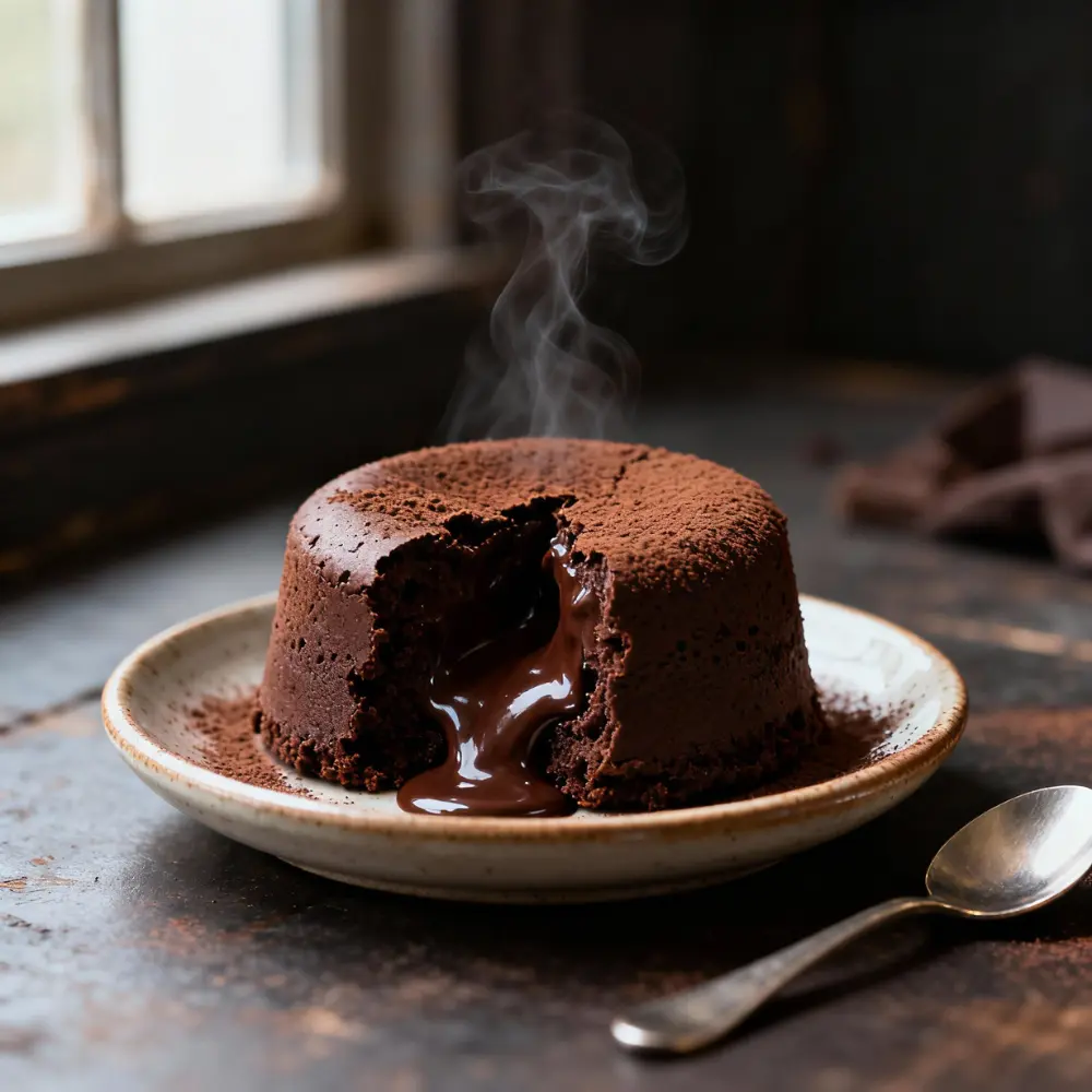 A molten chocolate lava cake on a ceramic plate with warm chocolate flowing from the center near a window.