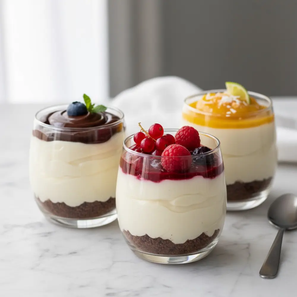 Three no-bake layered desserts in glass cups with cookie crust, creamy filling, and toppings of chocolate, berry, and mango.