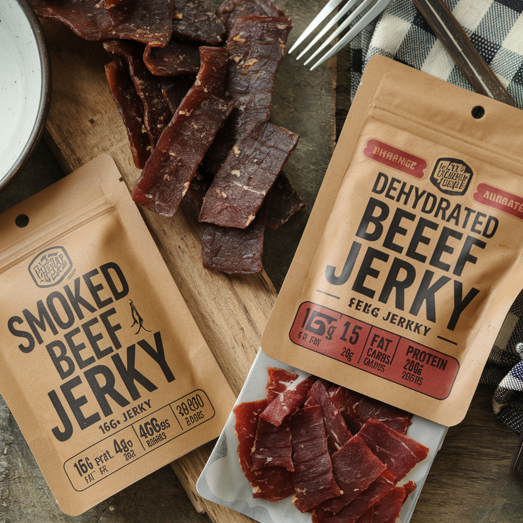 Nutritional labels of smoked and dehydrated beef jerky.
