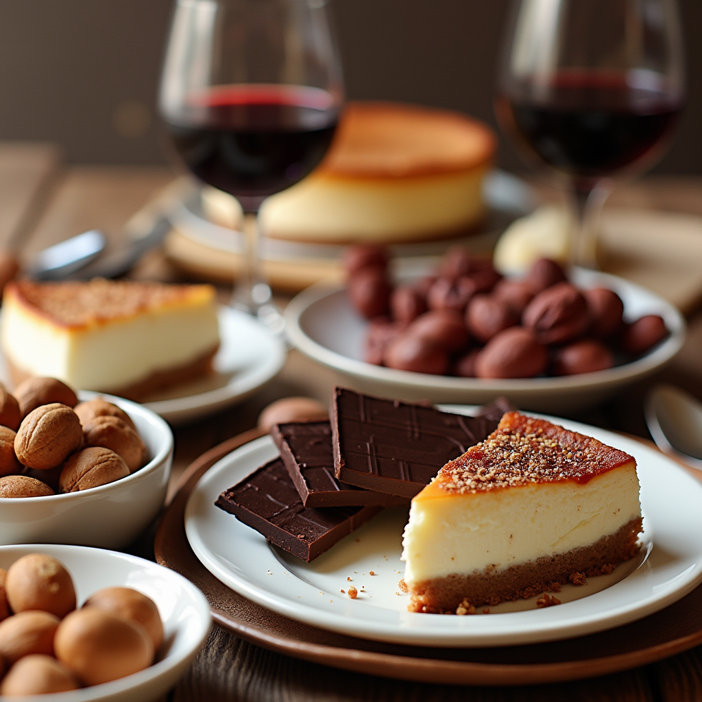 A spread of desserts including cheesecake, dark chocolate, and nuts with glasses of dessert wine on a festive table.
