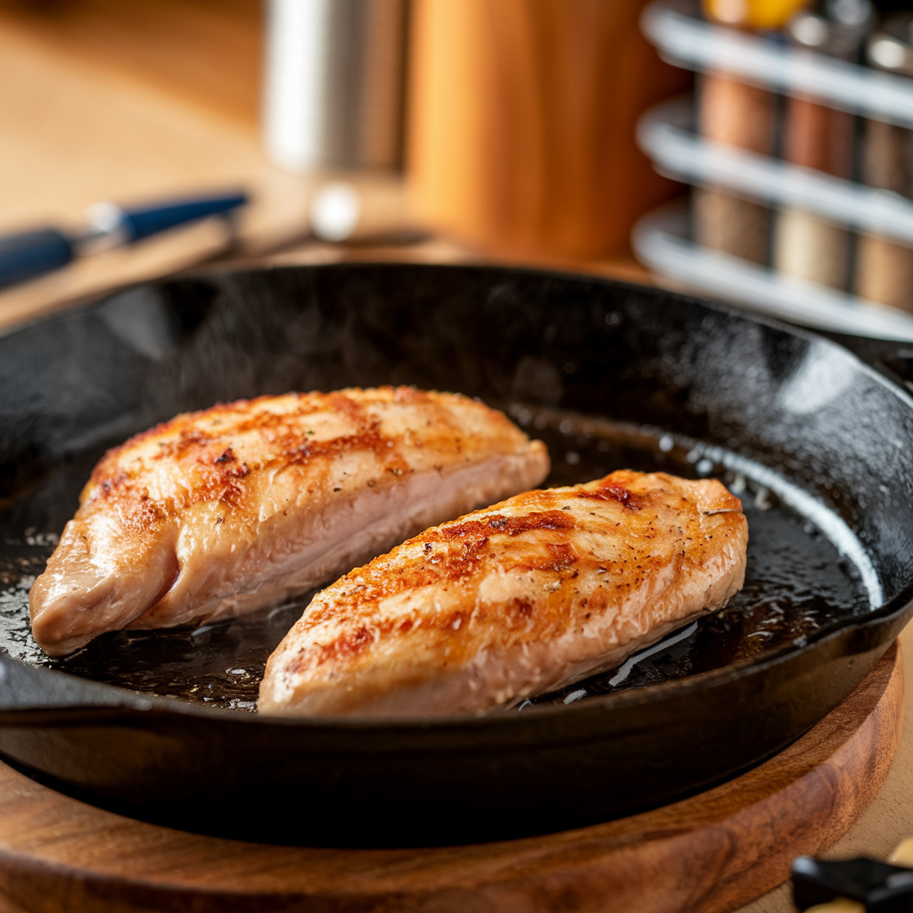 Pan-searing thin cut chicken breast in a skillet
