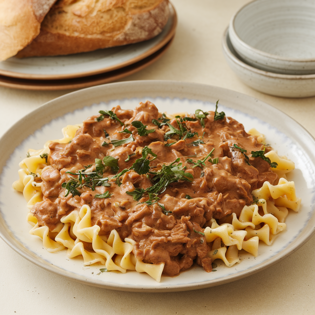 Pasta with a savory beef stock-based sauce, garnished with fresh herbs.