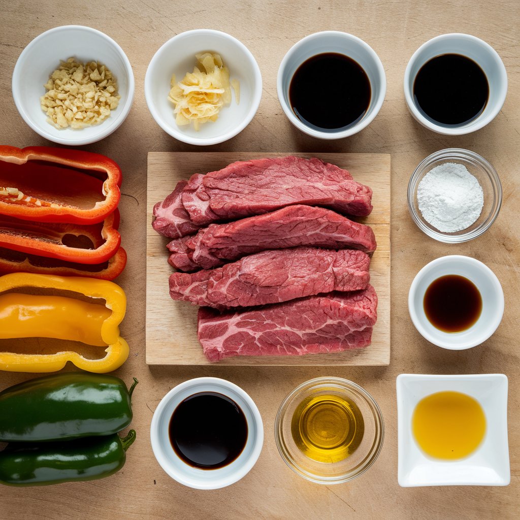 Sliced beef, colorful bell peppers, minced garlic, ginger, and small bowls of sauces and oils arranged on a wooden surface.
