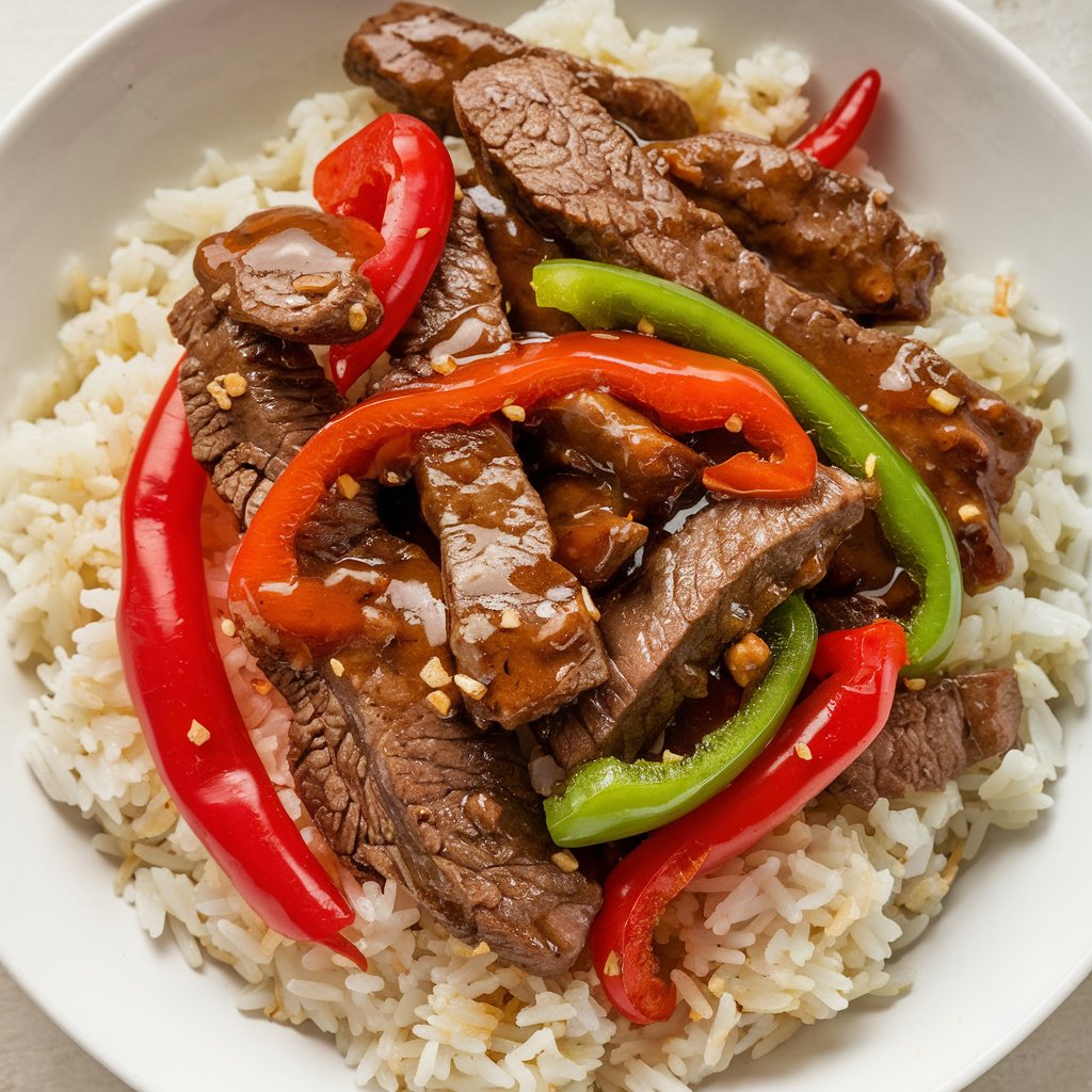 A plate of pepper steak served with glossy sauce, colorful bell peppers, and a side of jasmine rice.
