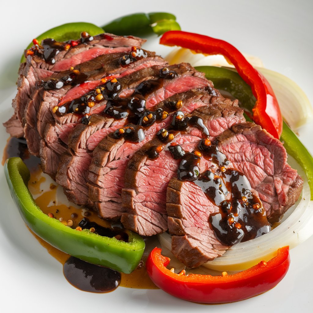 A plated dish of pepper steak with tender beef slices, bell peppers, and onions in a glossy black pepper sauce.