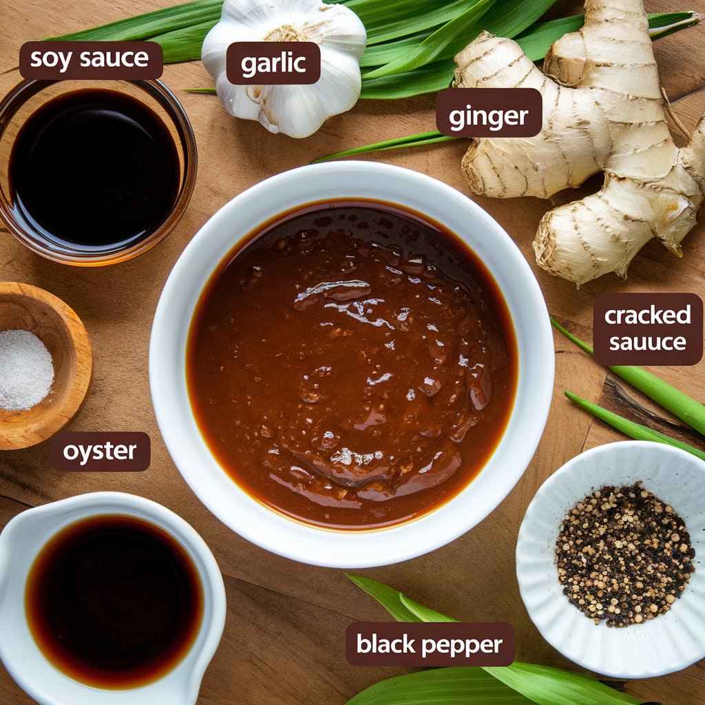 A close-up of pepper steak sauce in a small bowl, surrounded by its core ingredients like soy sauce, oyster sauce, garlic, ginger, and black pepper.