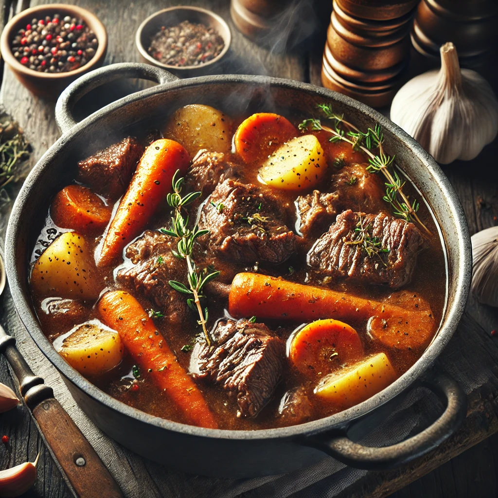 A hearty beef stew with tender beef, root vegetables, and steam rising, ready to be served.