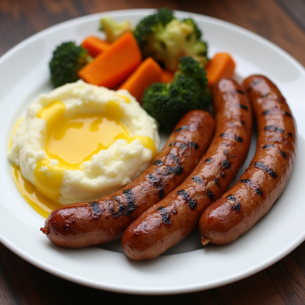 A plate of grilled beef sausages served with mashed potatoes, roasted vegetables, and a side of mustard sauce.