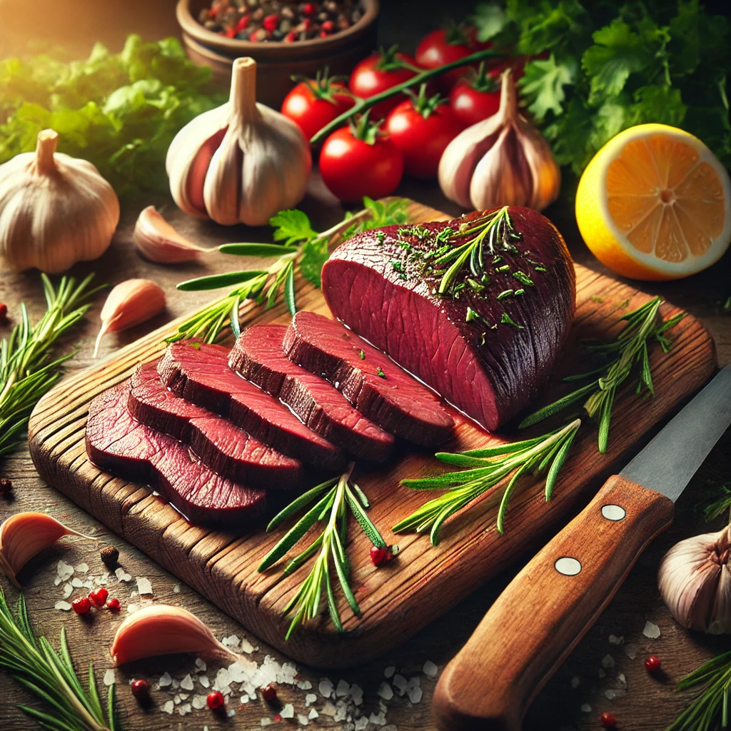 A perfectly cooked beef heart sliced into thin pieces, garnished with fresh herbs, garlic, and lemon wedges on a wooden cutting board.