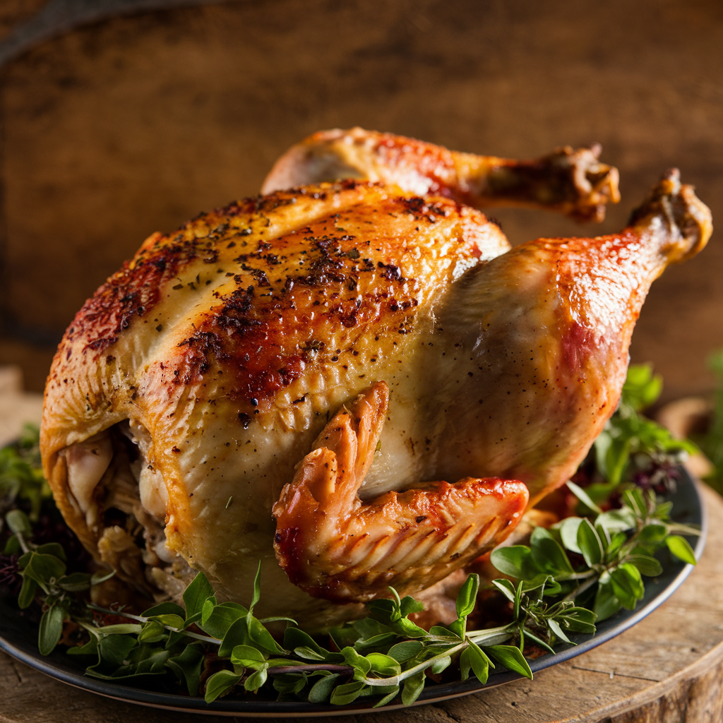 A beautifully dressed and roasted chicken on a serving platter.