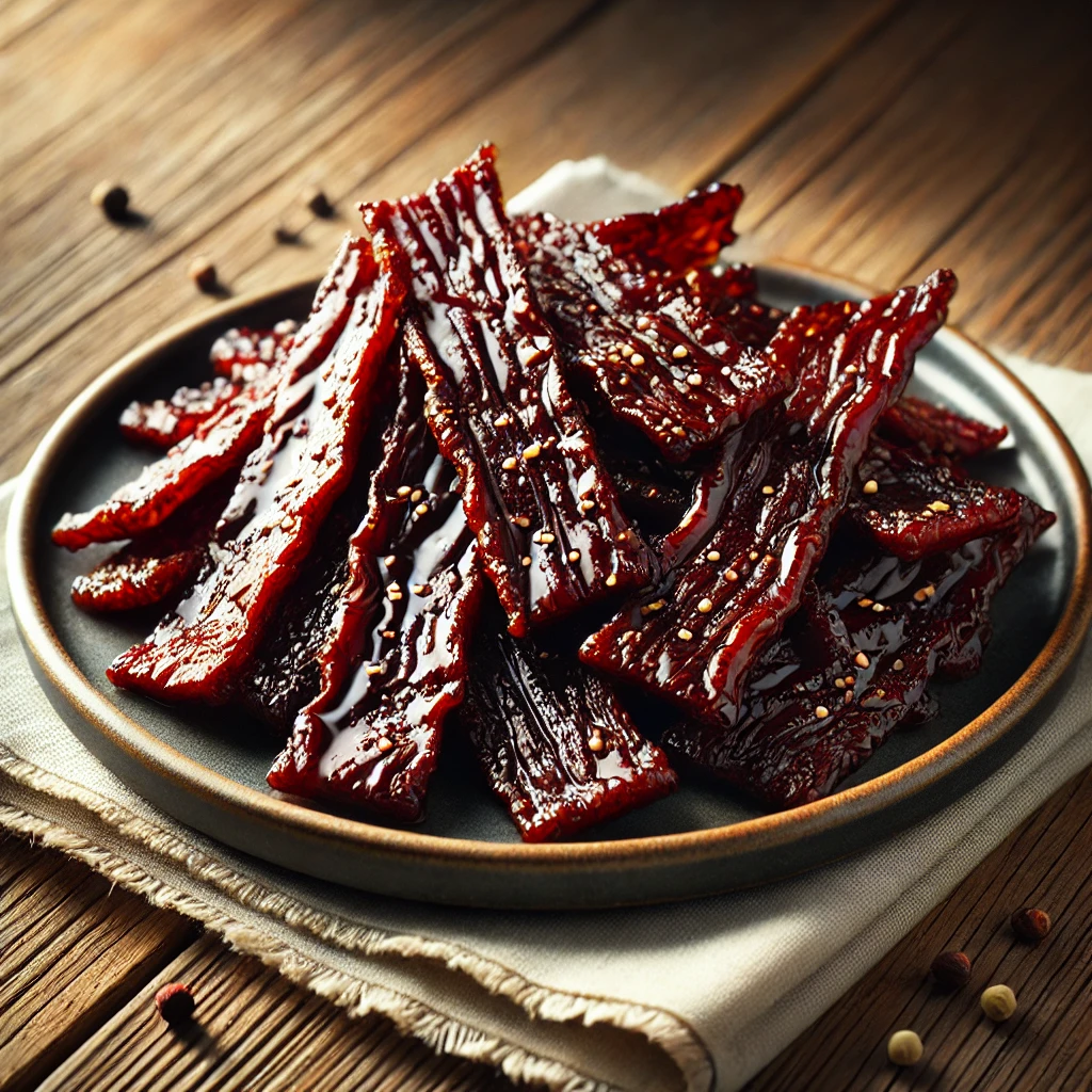 A close-up of perfectly marinated Teriyaki Beef Jerky strips on a plate.