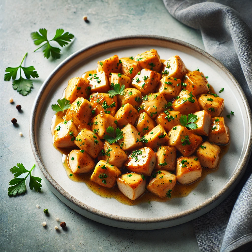 A close-up of a plate filled with juicy diced chicken pieces, garnished with fresh herbs.