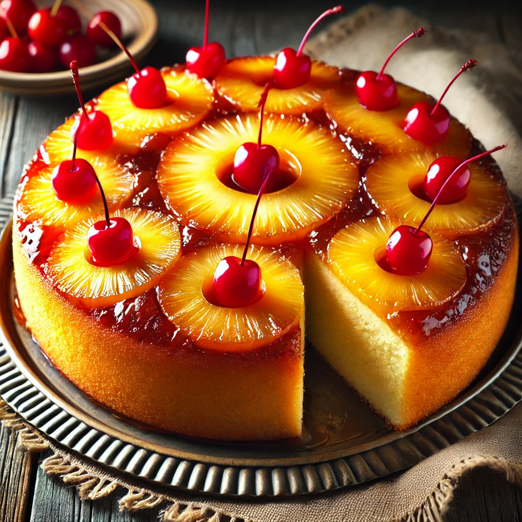 A freshly baked Pineapple Upside-Down Cake with caramelized pineapple slices and cherries on top. 
