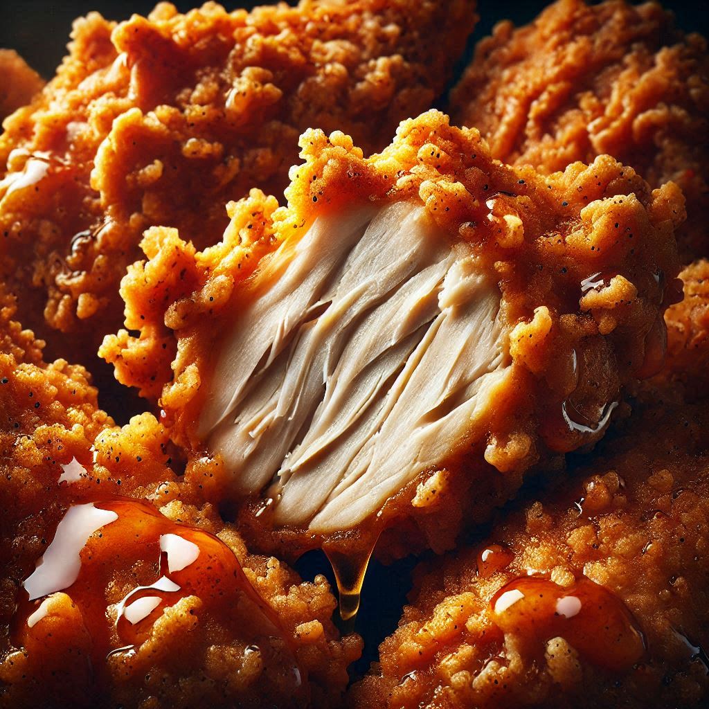 A close-up of Popeyes fried chicken with crispy golden breading on a tray
