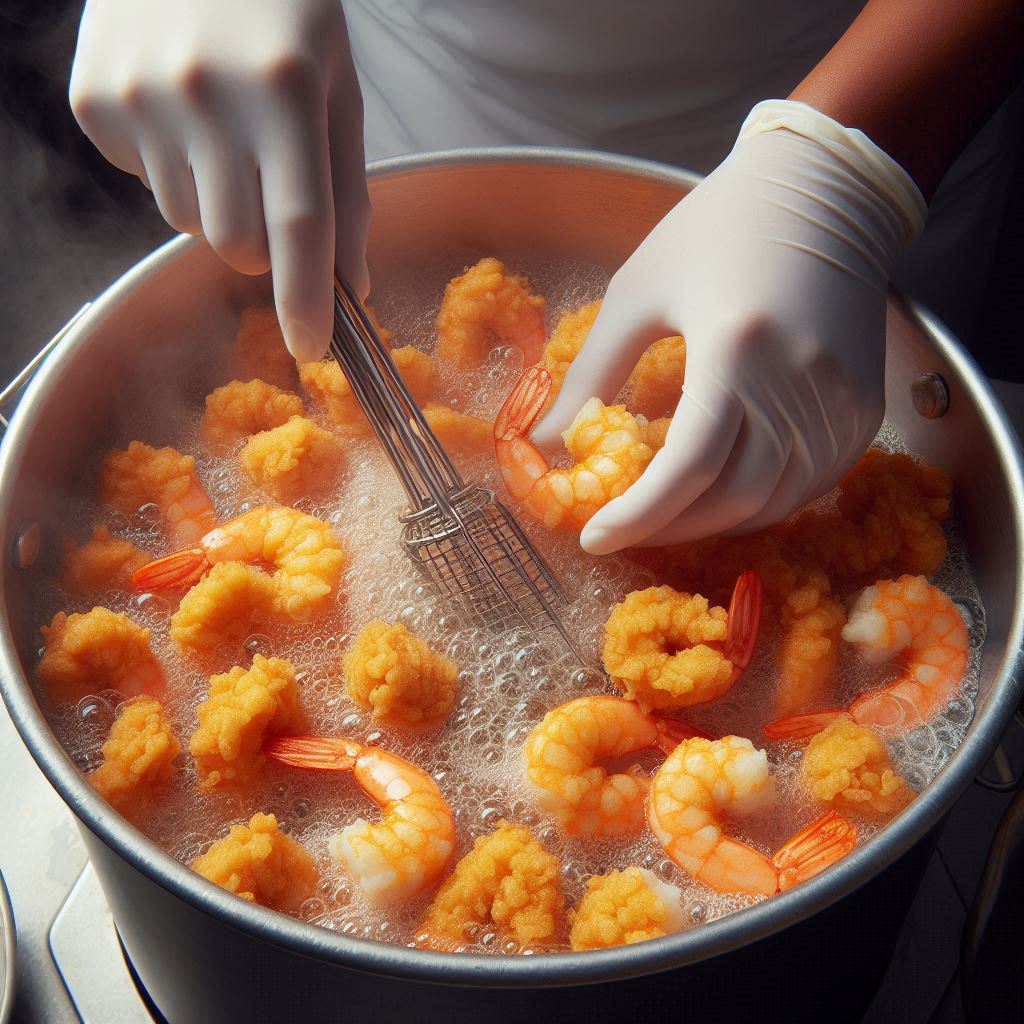 Popeyes shrimp frying in a deep fryer with golden breading
