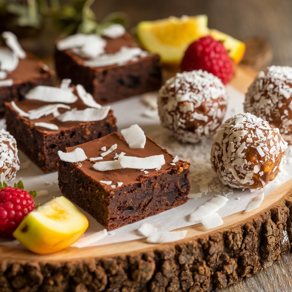 Gluten-free brownies and no-bake energy balls placed on a wooden tray, garnished with coconut flakes and fresh fruit.
