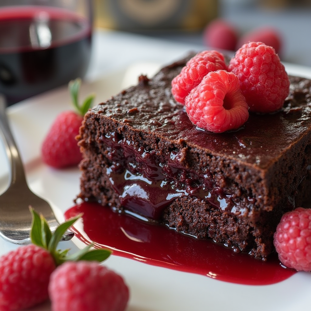 A glass of ruby-red Port wine with a slice of chocolate cake and fresh raspberries on an elegant table setting.
