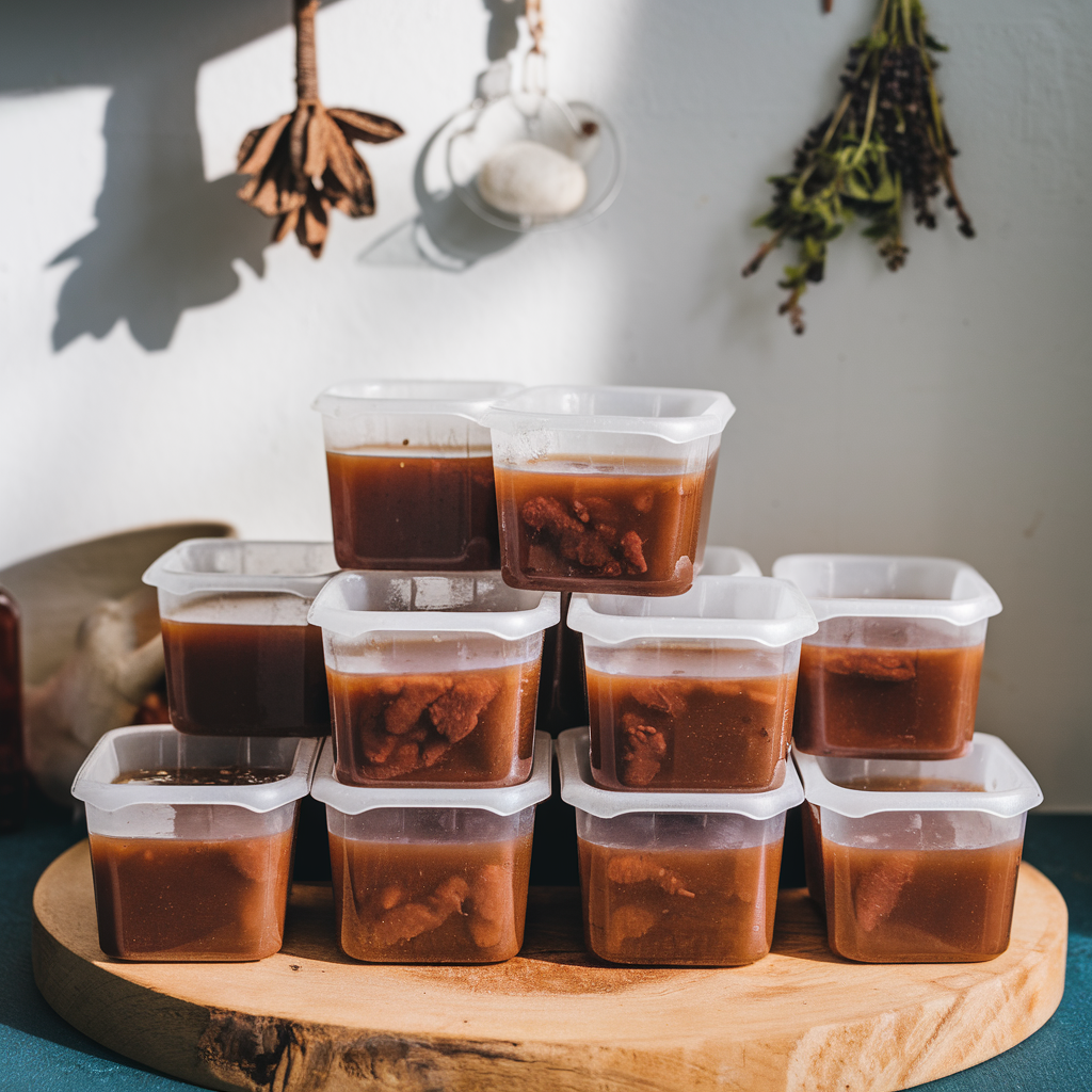 Frozen beef stock in ice cube trays for easy portioning.
