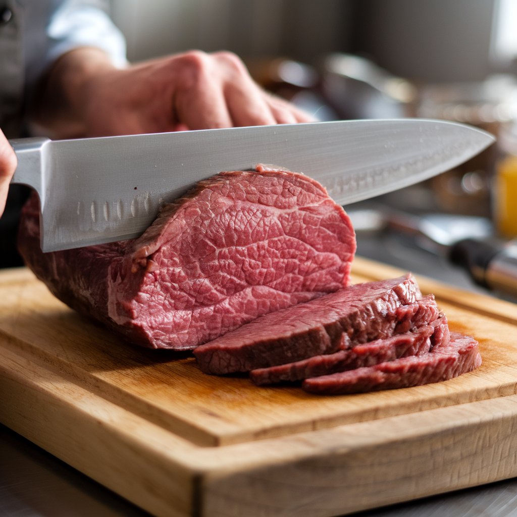 Thin slices of raw beef being cut against the grain on a wooden cutting board.
