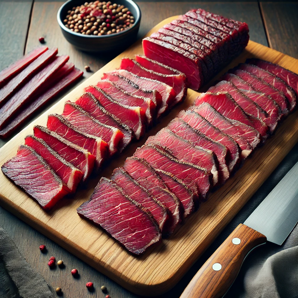 Thinly sliced beef strips on a cutting board, ready for marination.
