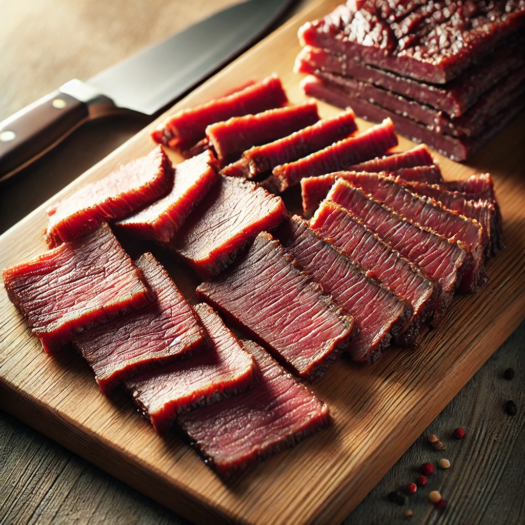 Thinly sliced beef strips on a cutting board, ready for marination.
