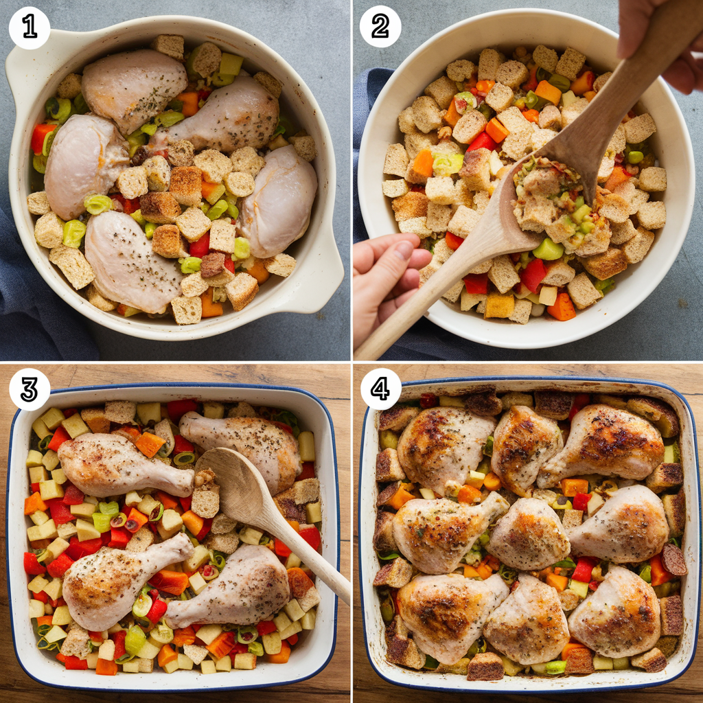 A step-by-step preparation of chicken and dressing, including mixing ingredients and baking in the oven.
