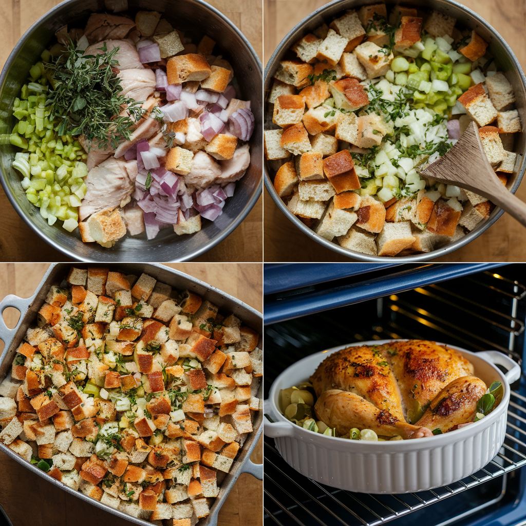 A step-by-step preparation of chicken and dressing, including mixing ingredients and baking in the oven.
