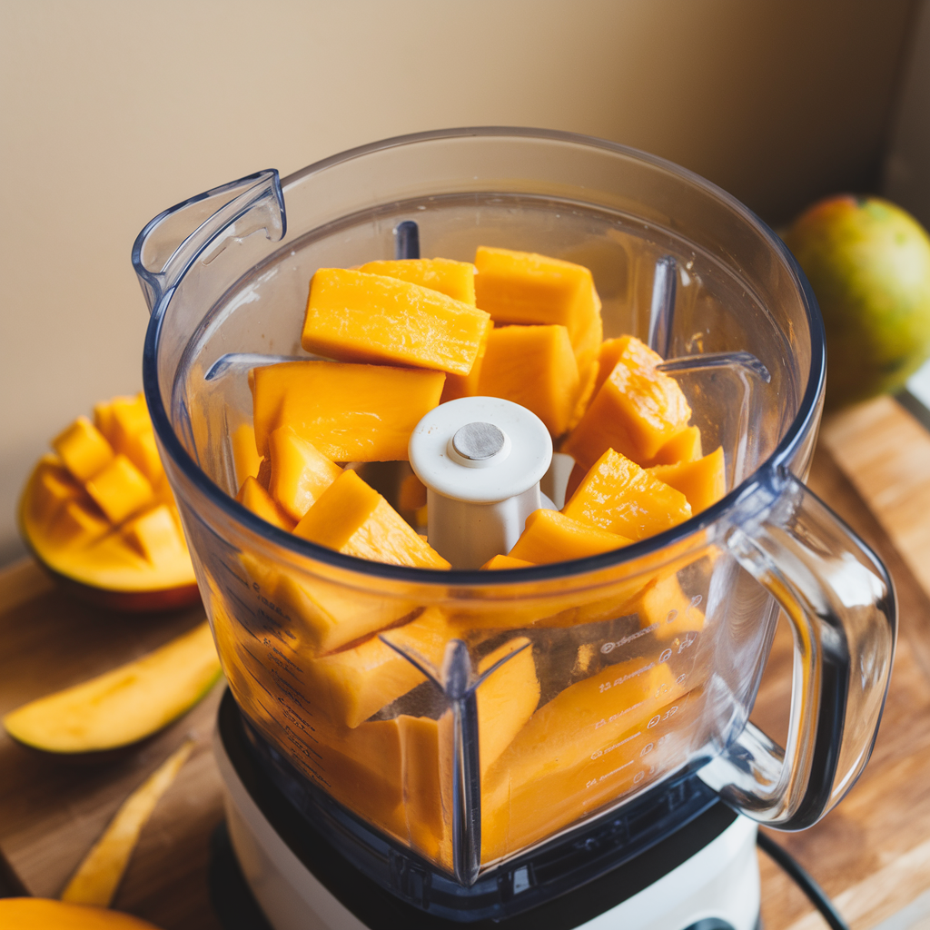 Fresh mango slices being blended into a smooth puree.
