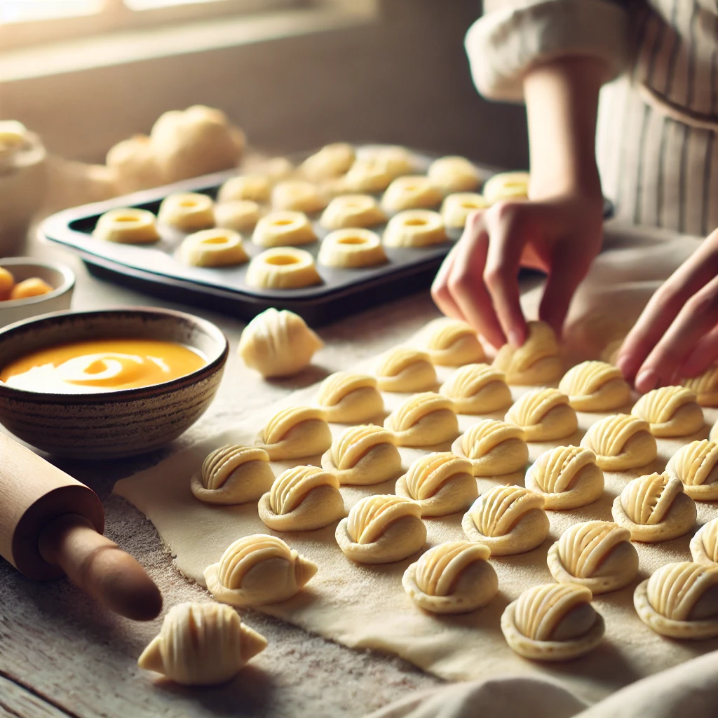 Puff pastry shells being carefully shaped on a countertop, ready to be filled with creamy or fruity fillings.