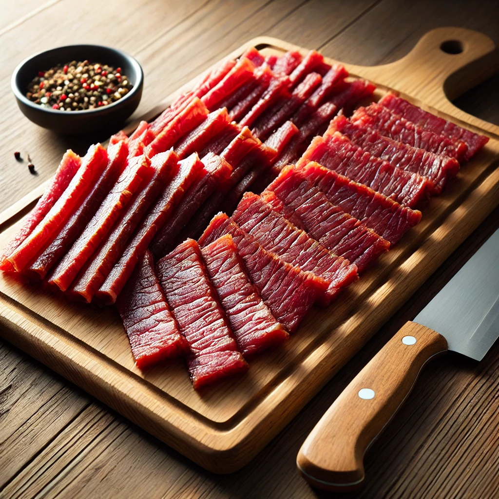 Thin slices of beef laid out on a cutting board, ready for marination.
