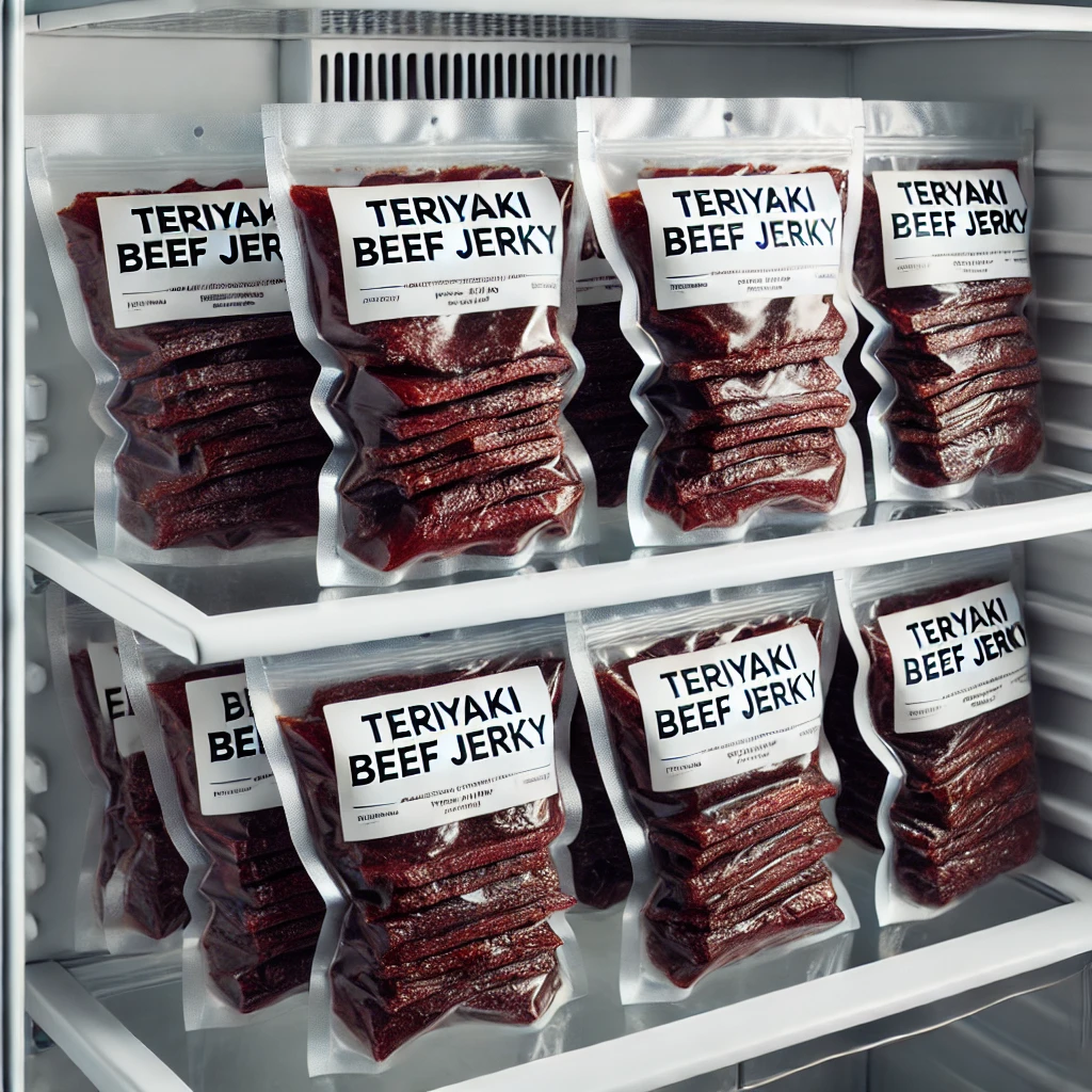 Vacuum-sealed bags of Teriyaki Beef Jerky stored in a refrigerator.
