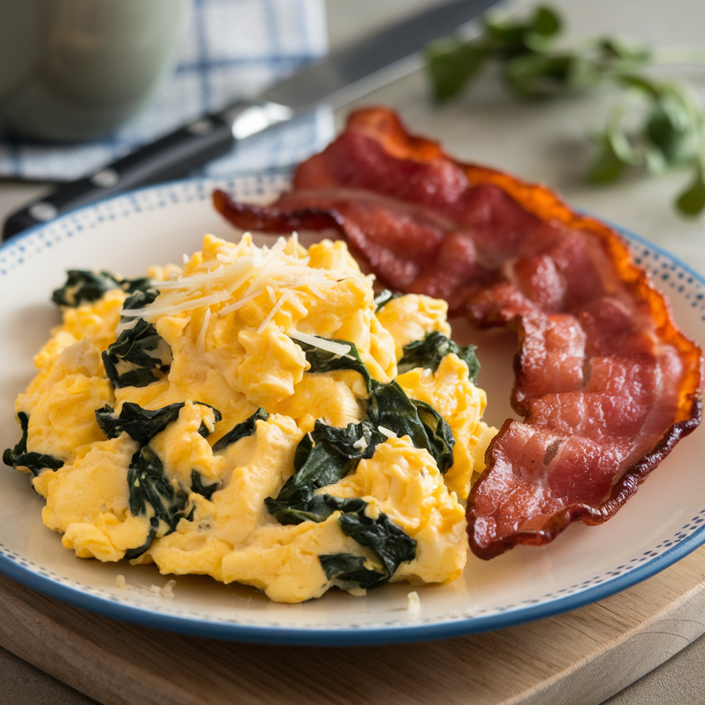 Scrambled eggs with spinach and turkey bacon on a white plate.
