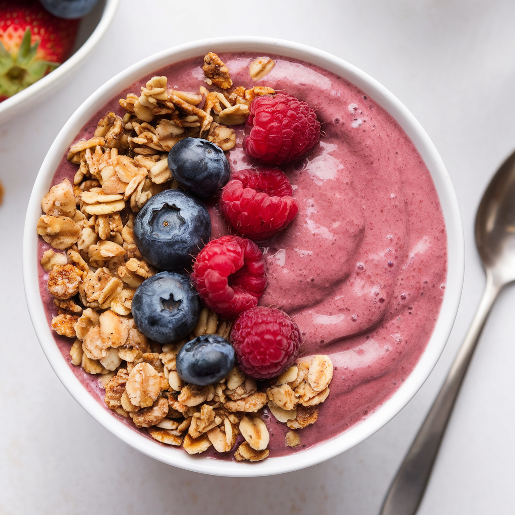 Protein-packed smoothie bowl topped with granola, berries, and seeds.
