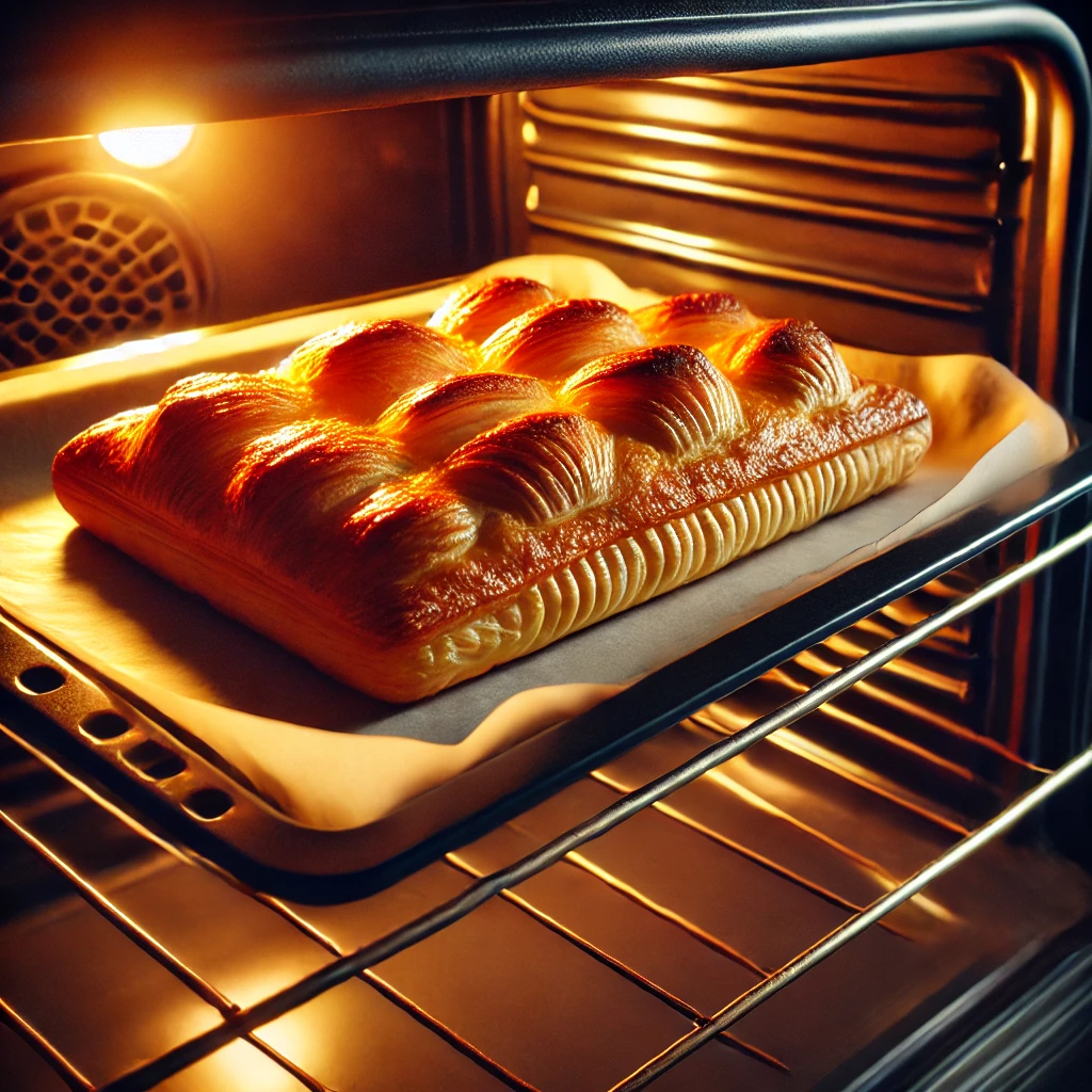 Puff pastry baking in the oven, with layers puffing up and turning golden brown.