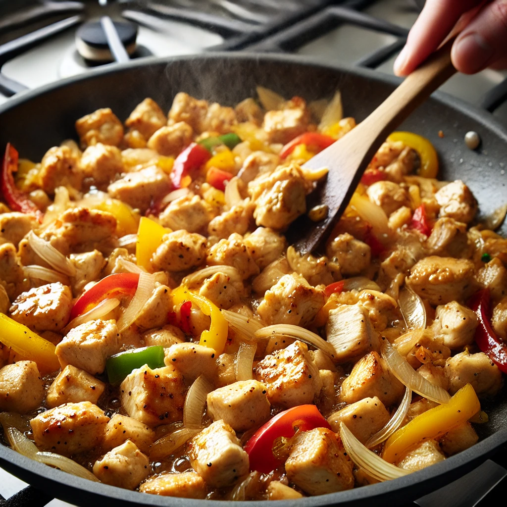 Diced chicken being stir-fried in a hot pan. 
