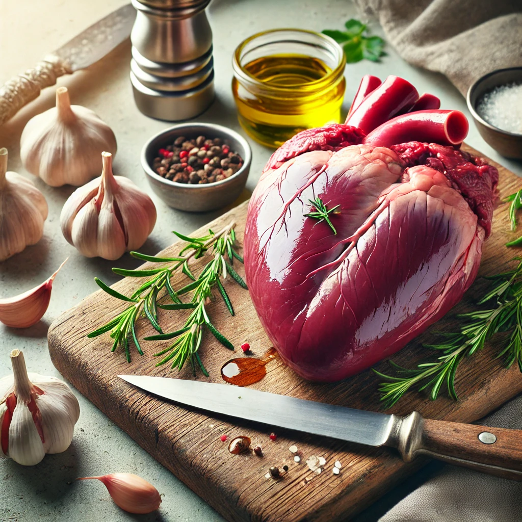 Raw beef heart on a butcher’s board, surrounded by kitchen tools, fresh garlic, rosemary, and olive oil in a bright, rustic kitchen setting.
