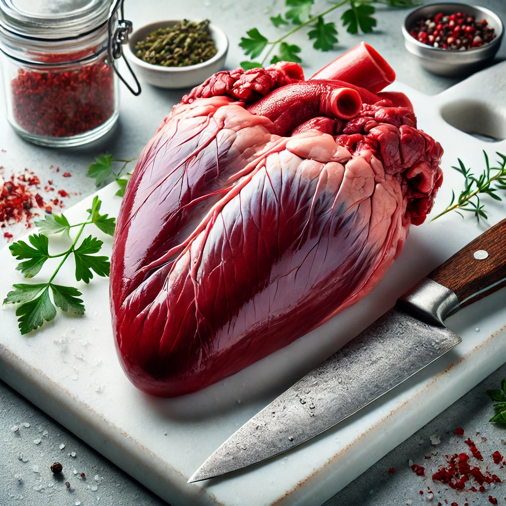 A close-up shot of raw beef heart, showcasing its rich red color and dense texture, ready to be prepared in a beef heart recipe.
