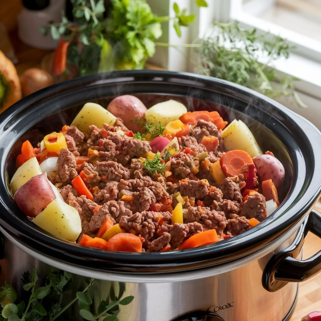 Raw ground beef in a crock pot with diced tomatoes, onions, and spices.