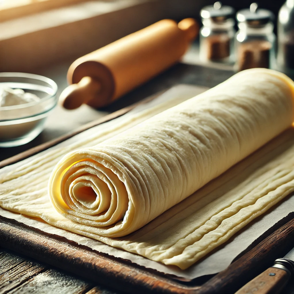 A roll of ready-rolled puff pastry laid out on a kitchen countertop, unrolled and ready to be used for baking.