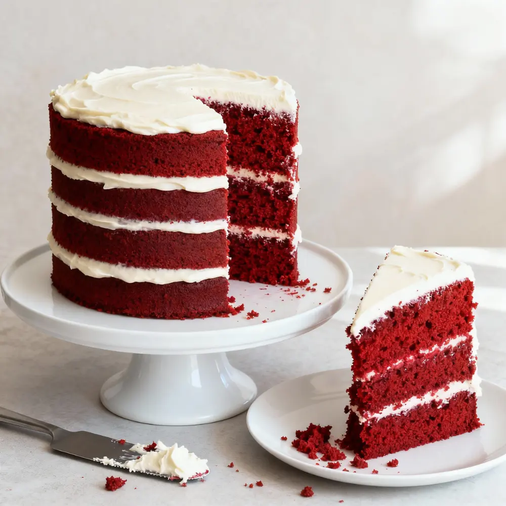 A tall red velvet layer cake with cream cheese frosting between each layer, one slice served on a plate beside it.