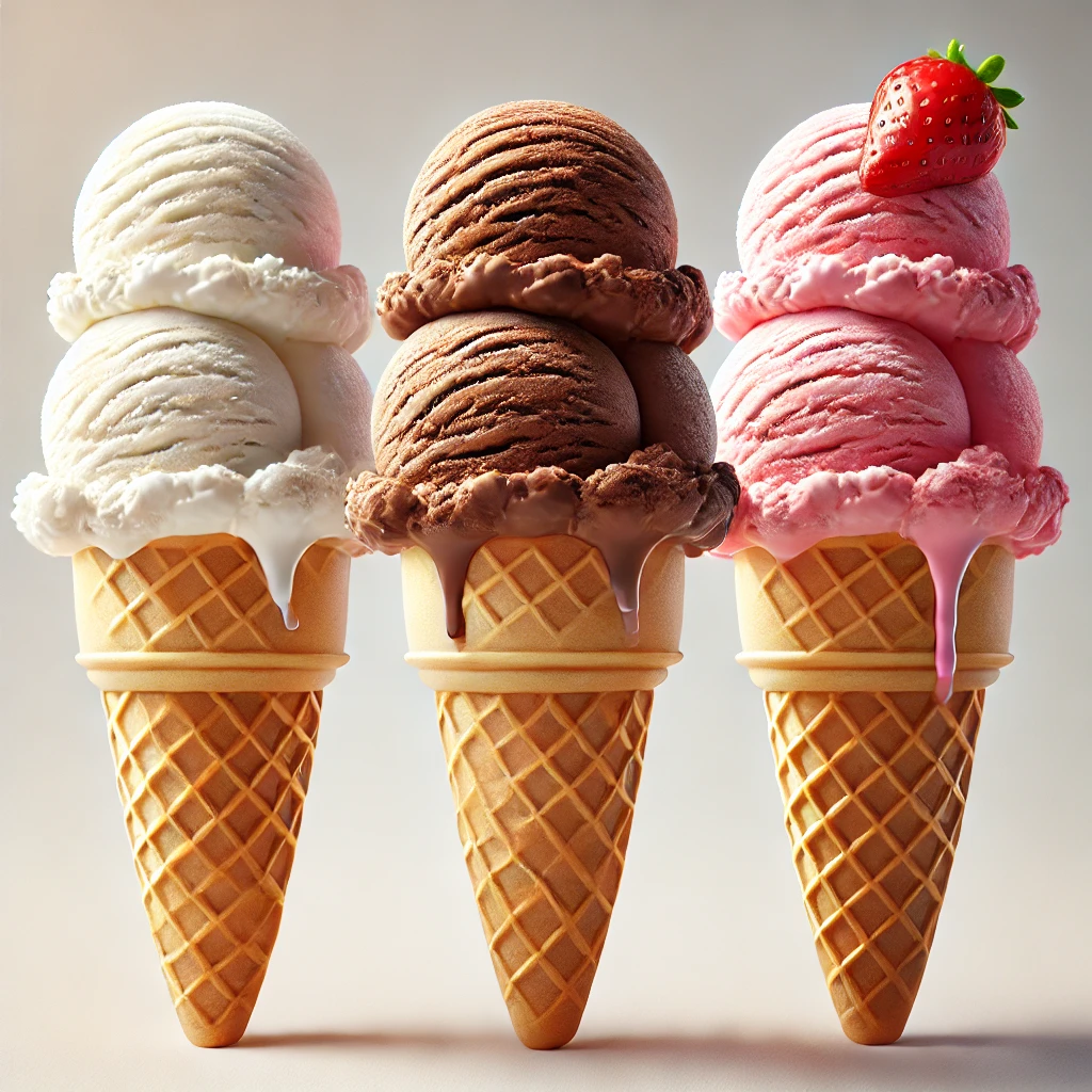 Three ice cream cones with different flavors – vanilla, chocolate, and strawberry. 
