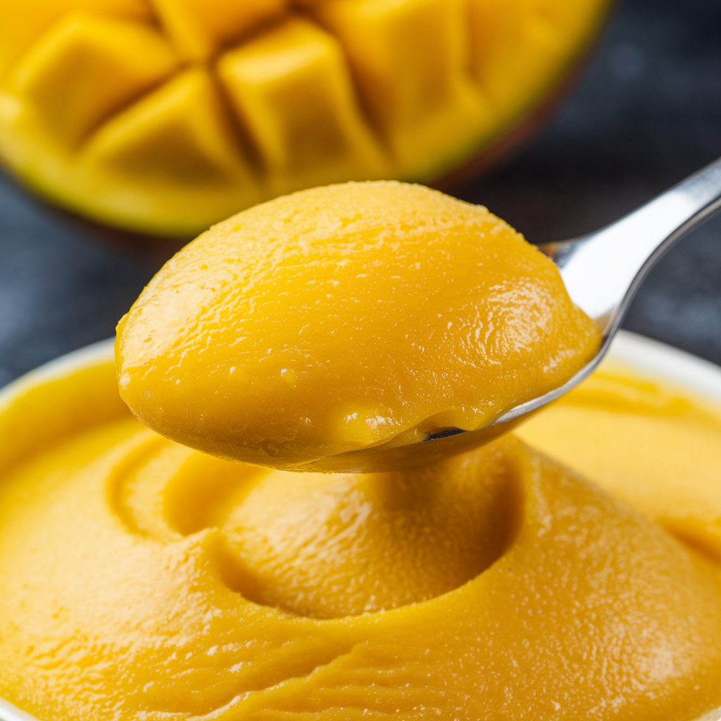 A close-up of a spoonful of mango sorbet with a slice of fresh mango in the background. 
