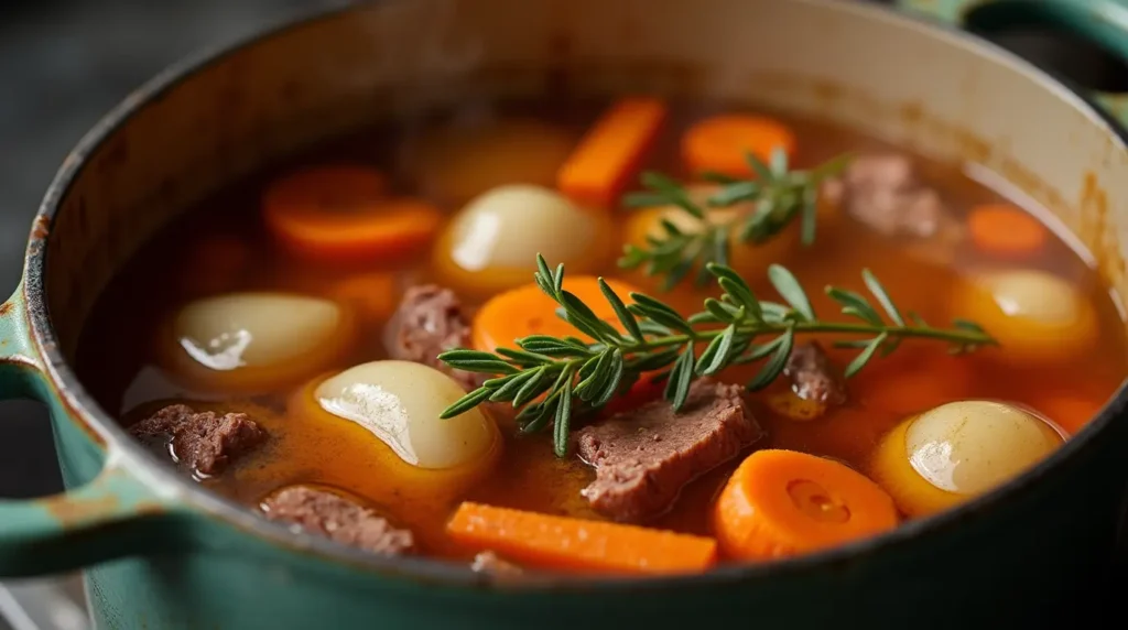 Beef stock simmering with vegetables and herbs in a pot, Recipes with Beef Stock
