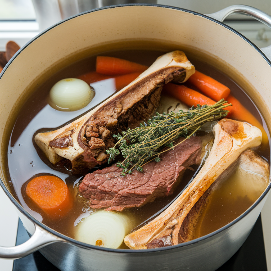 Beef stock simmering with vegetables and herbs in a pot.