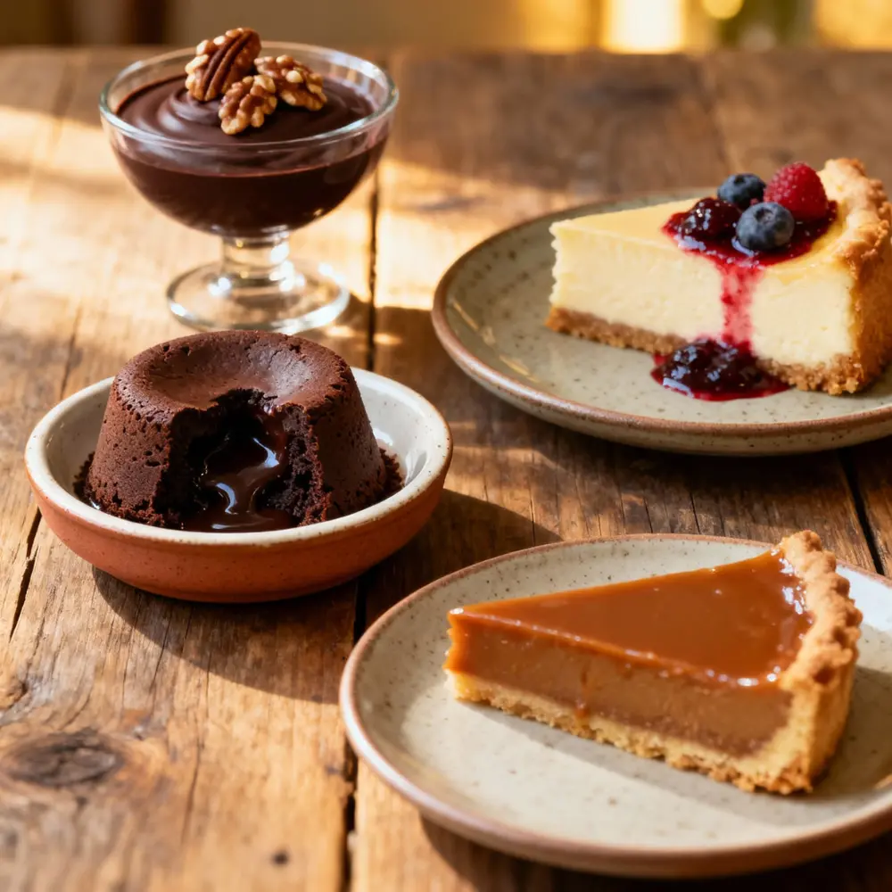 A trio of rich desserts on rustic plates including molten chocolate cake, berry-topped cheesecake, and caramel tart on a wooden table.