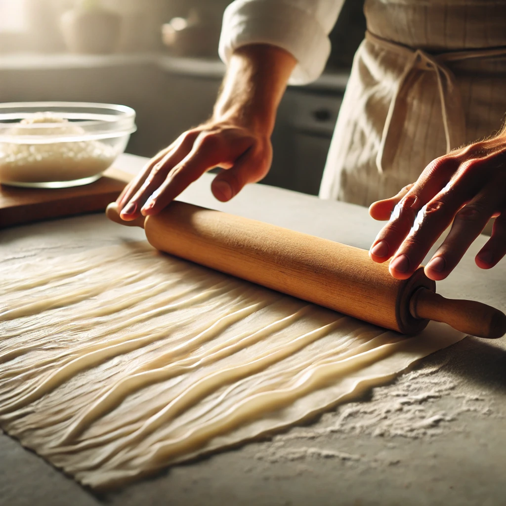 A chef rolling phyllo dough on a kitchen countertop with a rolling pin, showing its delicate layers.